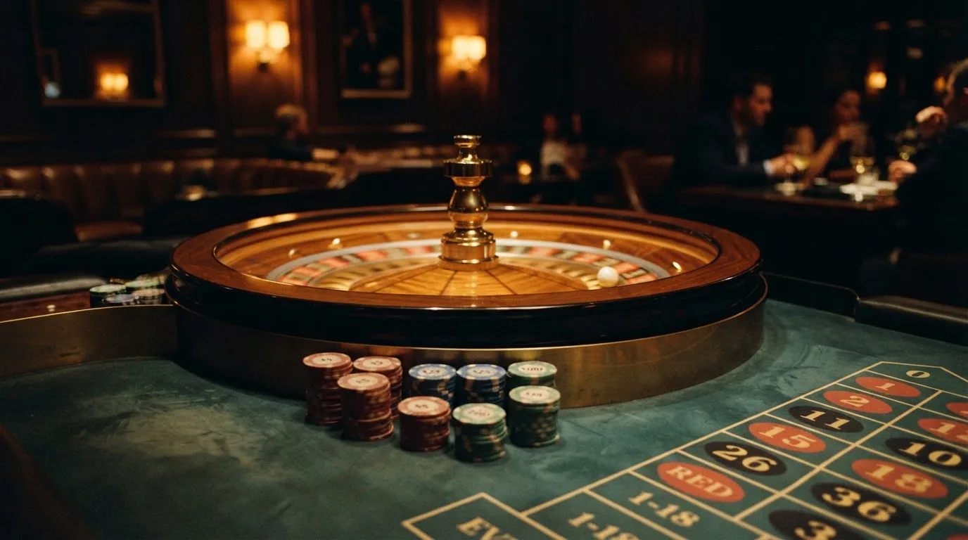 Roulettehjul och spelmarker på grön filt i varmt kvällsljus — 10 euro casino i sverige