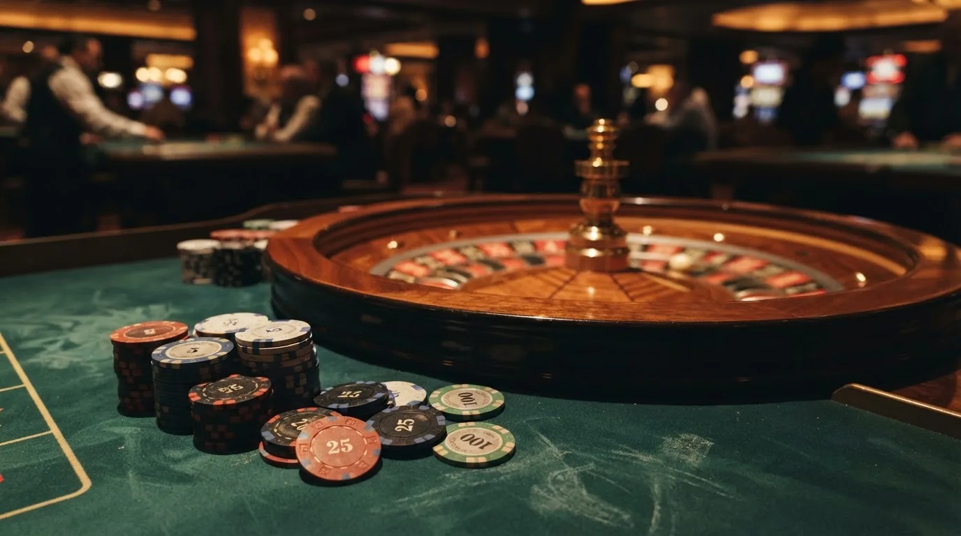 Roulettehjul och spelmarker på grön filt i varmt kvällsljus — 10 free spins casino i sverige