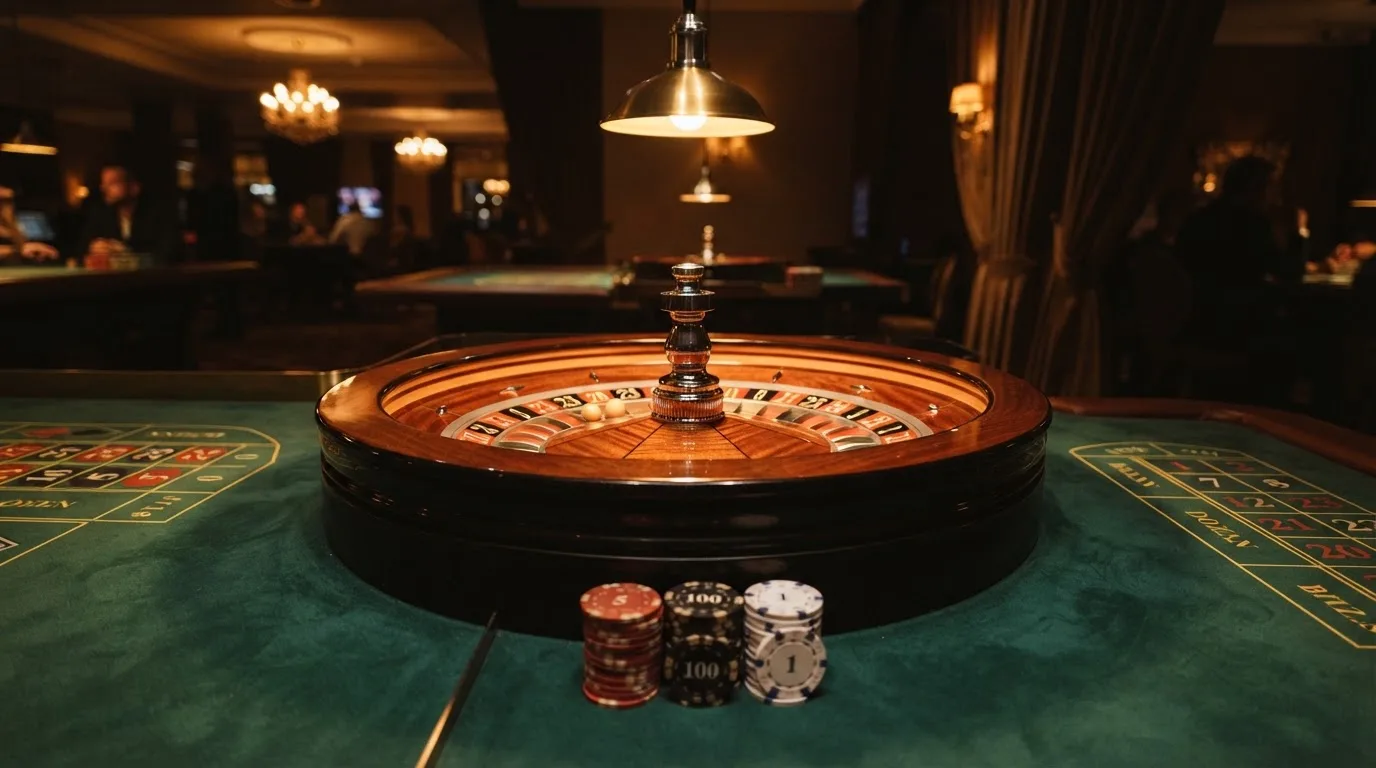 Roulettehjul och spelmarker på grön filt i varmt kvällsljus — 10 kr casino i sverige
