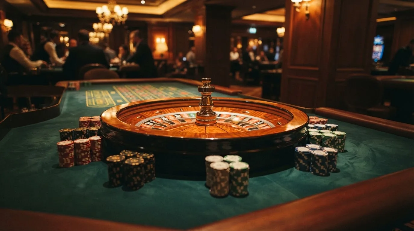 Roulettehjul och spelmarker på grön filt i varmt kvällsljus — 100 euro casino i sverige