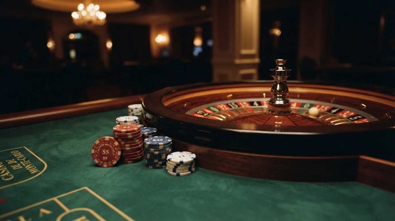 Roulettehjul och spelmarker på grön filt i varmt kvällsljus — 100 free spins casino i sverige