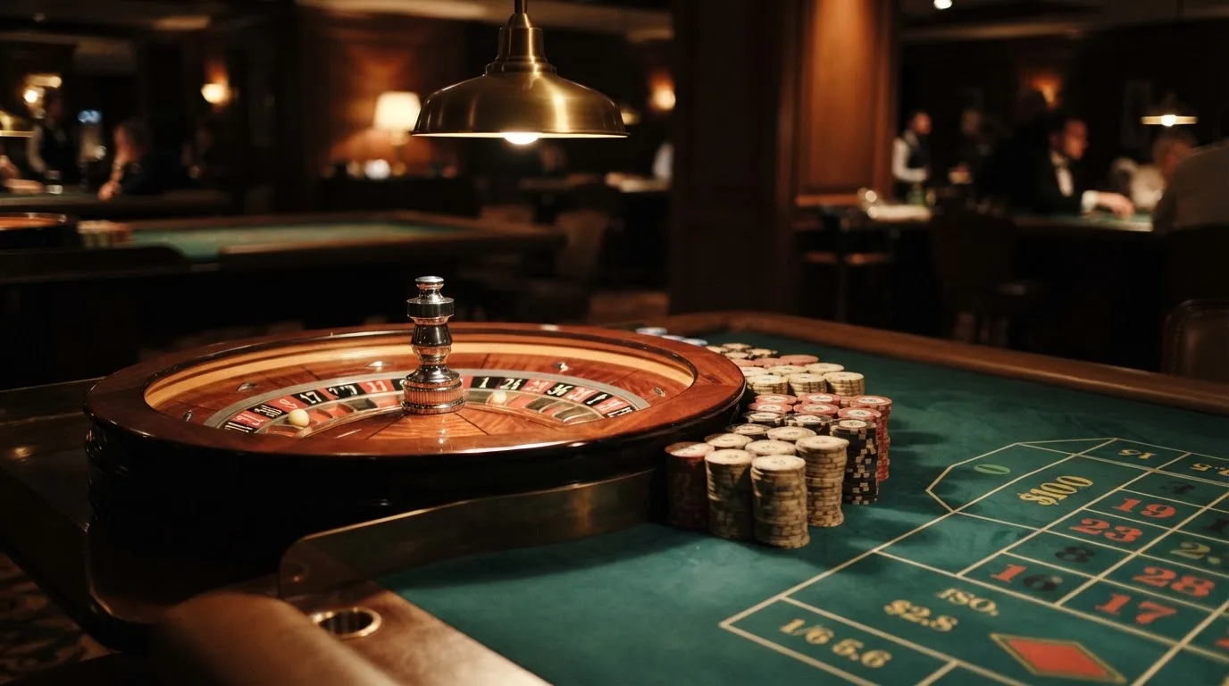 Roulettehjul och spelmarker på grön filt i varmt kvällsljus — 150 free spins casino i sverige