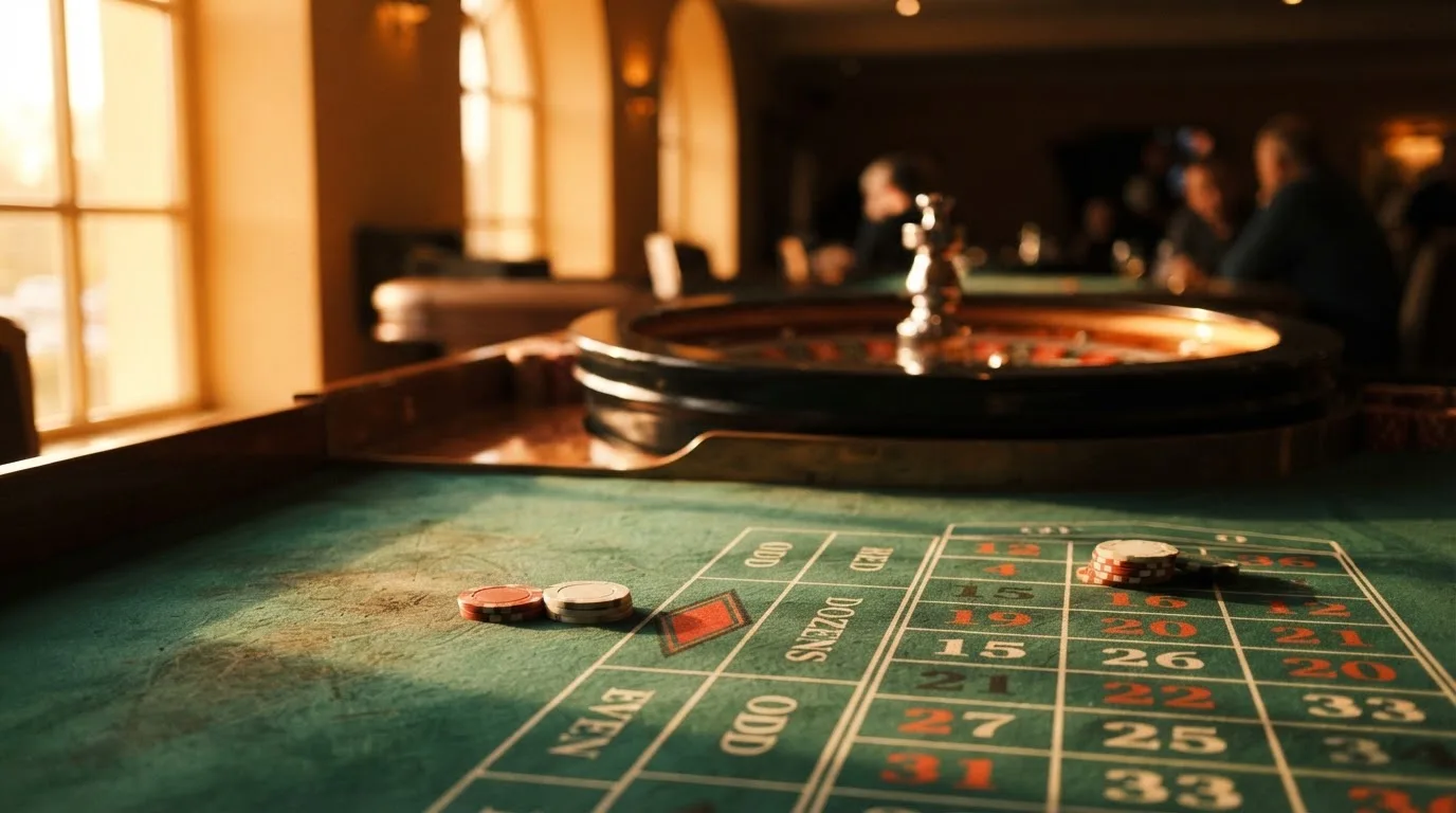Roulettehjul och spelmarker på grön filt i varmt kvällsljus — bästa blackjack i sverige