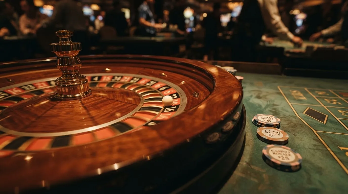 Roulettehjul och spelmarker på grön filt i varmt kvällsljus — blackjack gratis i sverige