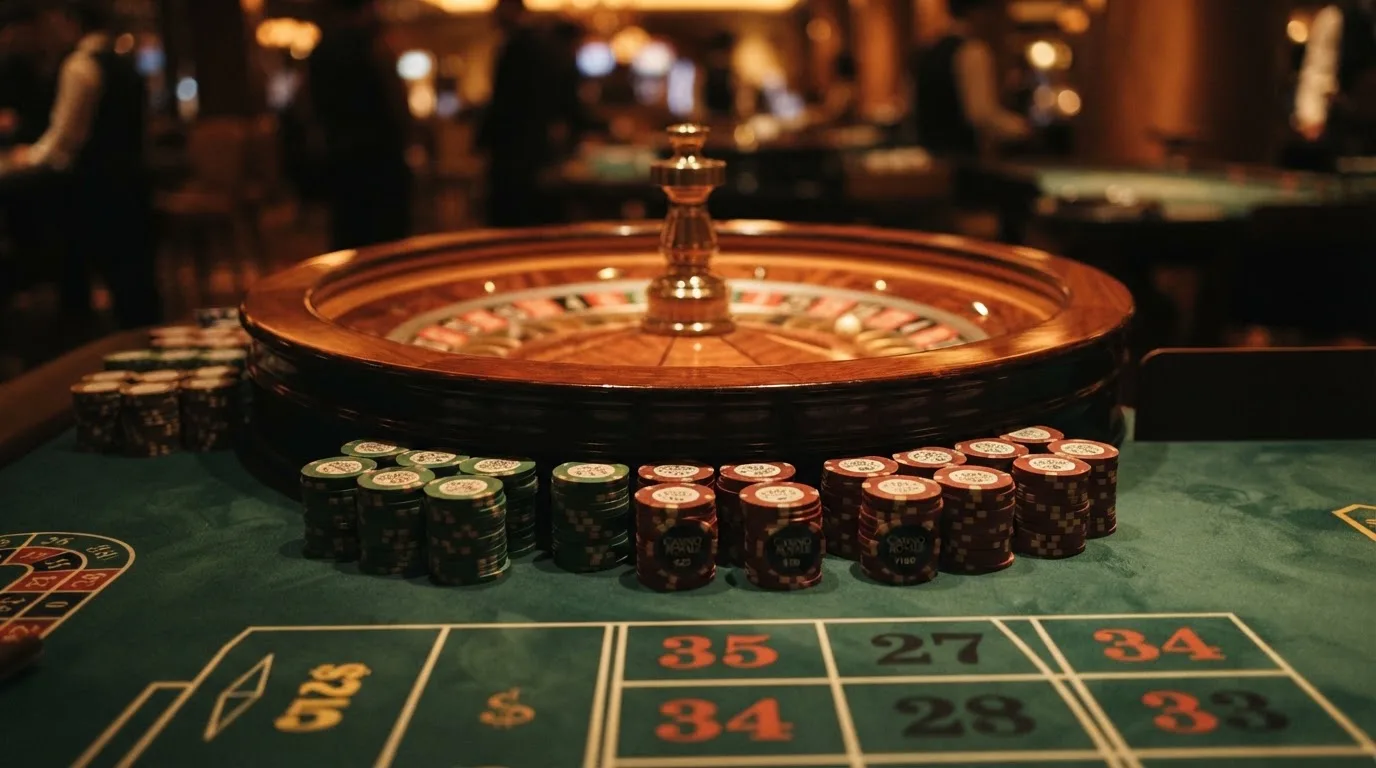 Roulettehjul och spelmarker på grön filt i varmt kvällsljus — blackjack med live dealer i sverige