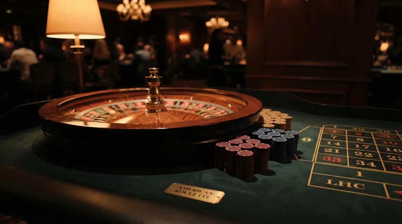 Roulettehjul och spelmarker på grön filt i varmt kvällsljus — blackjack på nätet i sverige
