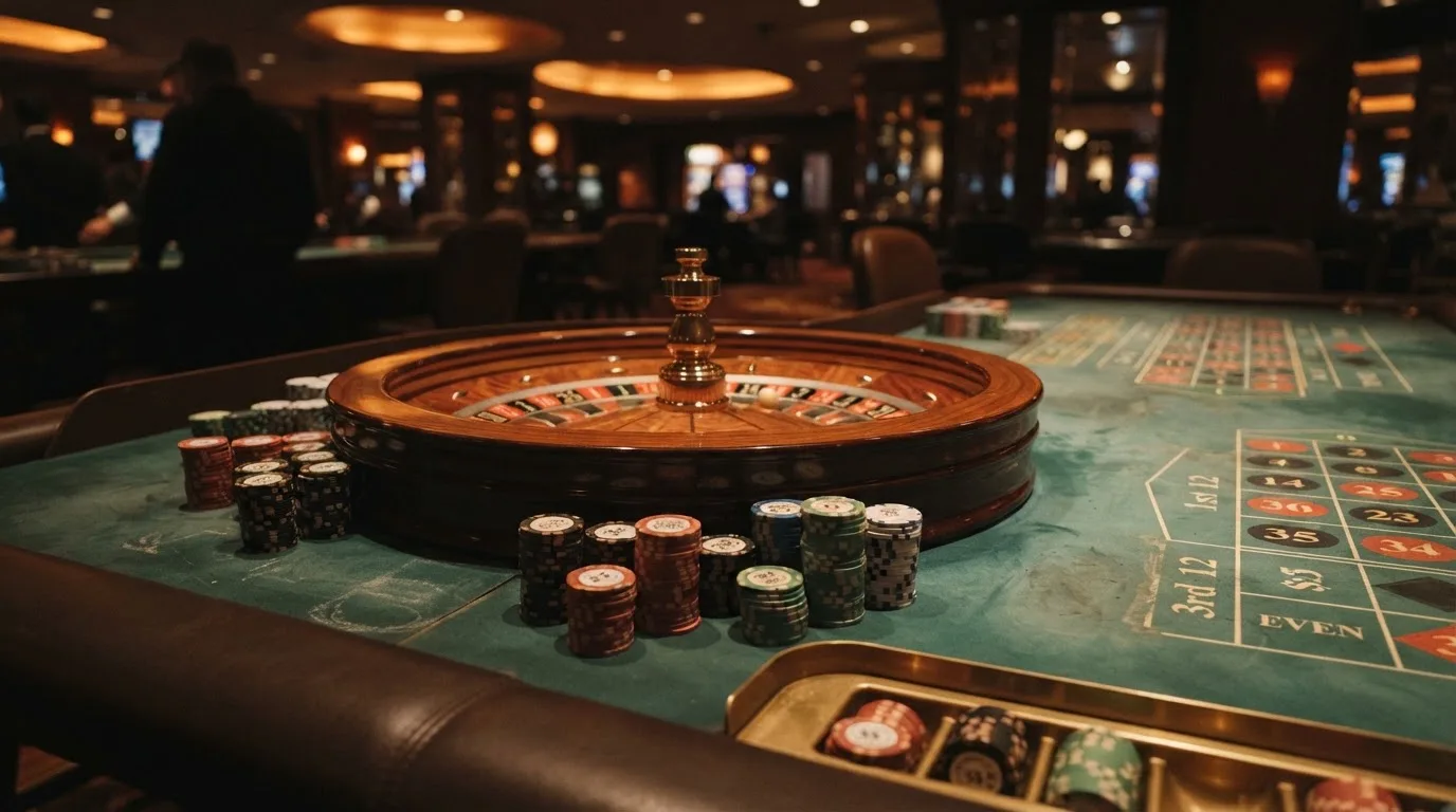 Roulettehjul och spelmarker på grön filt i varmt kvällsljus — bra svenska casinon