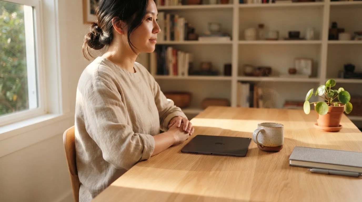 En person sitter vid ett skrivbord hemma med en surfplatta nedvänd bredvid en kopp kaffe i morgonljus.