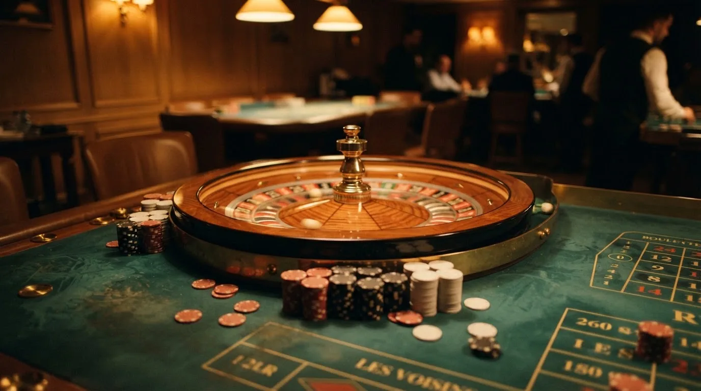 Roulettehjul och spelmarker på grön filt i varmt kvällsljus — casino regler för svenskar