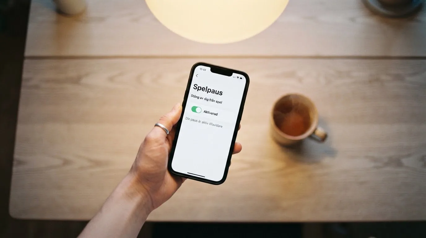 Hand håller en mobiltelefon bredvid en kopp te vid ett köksbord en lugn kväll — casino regler för svenskar