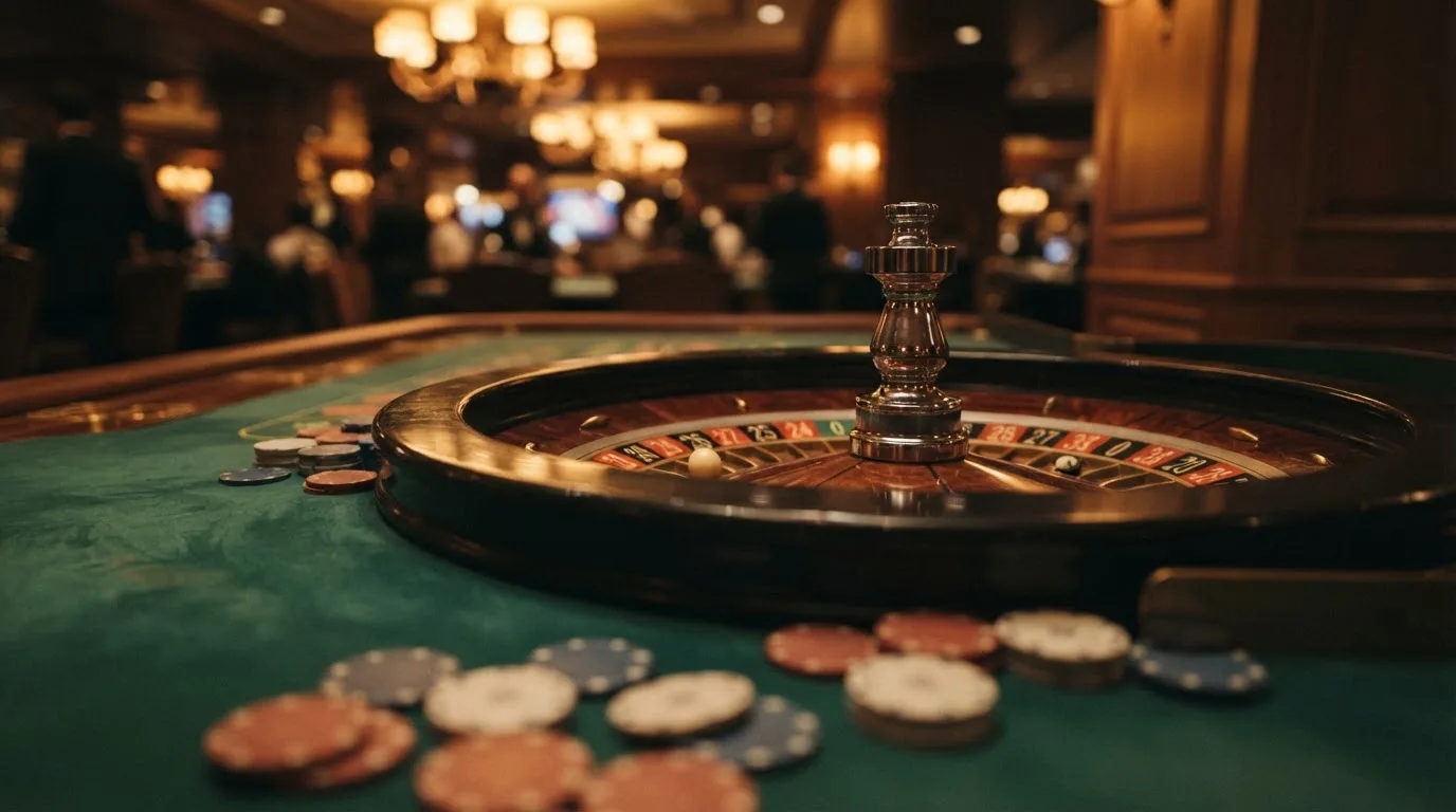 Roulettehjul och spelmarker på grön filt i varmt kvällsljus — casinon med bankid i sverige
