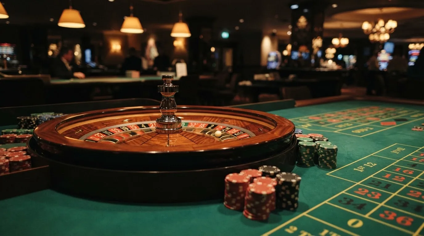 Roulettehjul och spelmarker på grön filt i varmt kvällsljus — casinon med curaçao licens