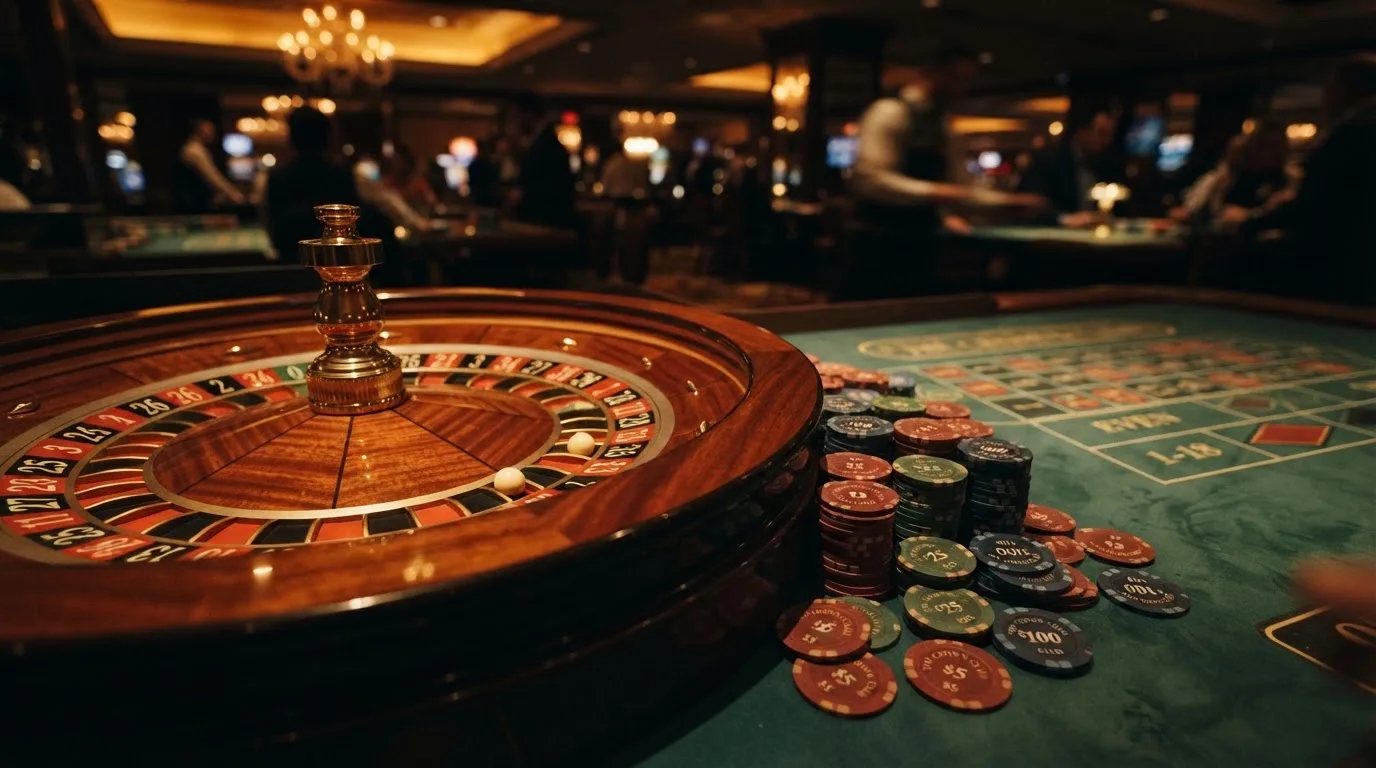 Roulettehjul och spelmarker på grön filt i varmt kvällsljus — casinon med jackpot i sverige
