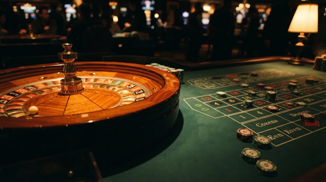 Roulettehjul och spelmarker på grön filt i varmt kvällsljus — casinon med slots i sverige