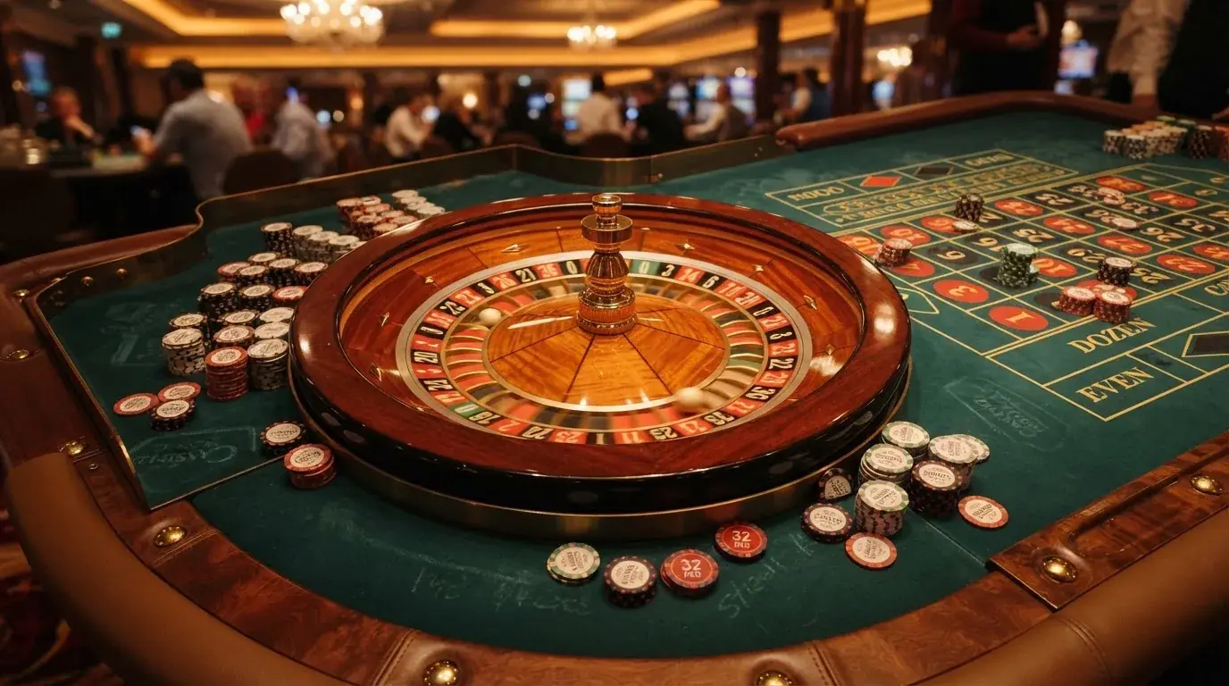 Roulettehjul och spelmarker på grön filt i varmt kvällsljus — casinon med uttag i sverige