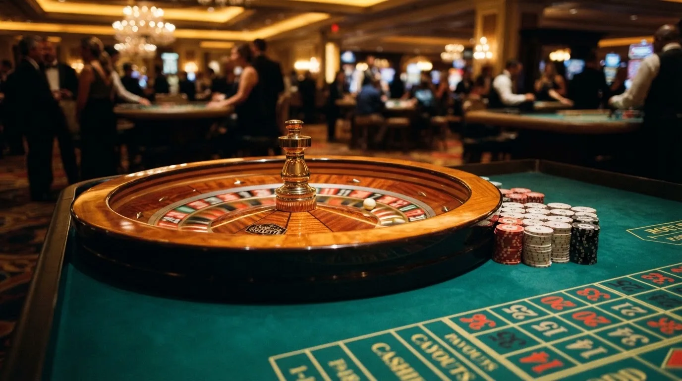 Roulettehjul och spelmarker på grön filt i varmt kvällsljus — casinon utan bankid i sverige