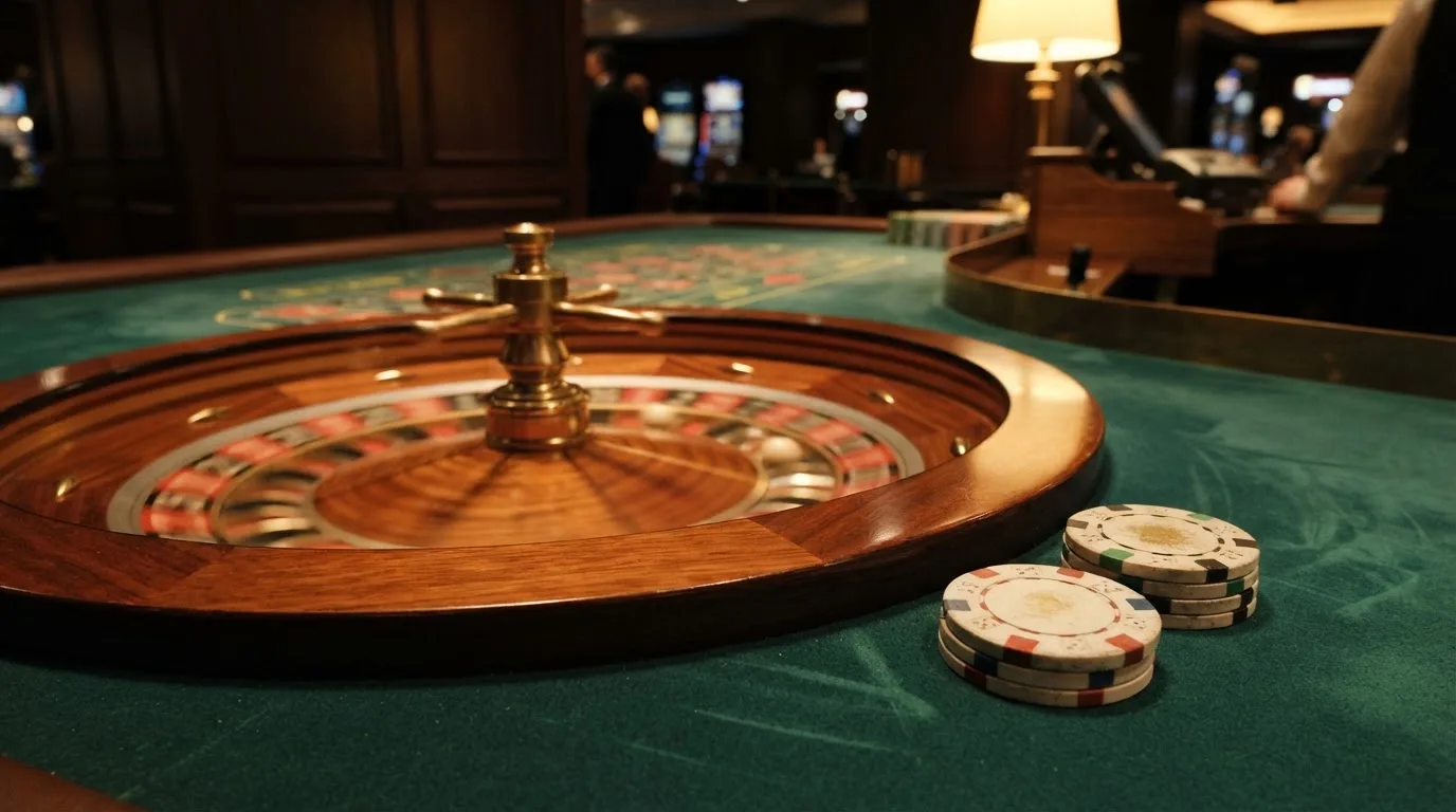 Roulettehjul och spelmarker på grön filt i varmt kvällsljus — casinon utan spelgräns i sverige