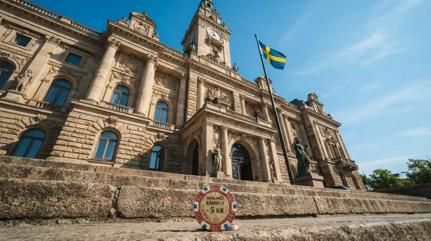 Ett gammalt stadshus i sten fotograferat underifrån mot en klarblå himmel, med den svenska flaggan som fladdrar ovanför entrén.