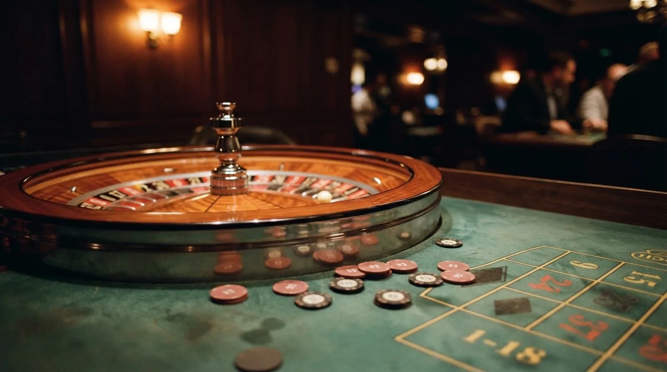 Roulettehjul och spelmarker på grön filt i varmt kvällsljus — lightning roulette i sverige