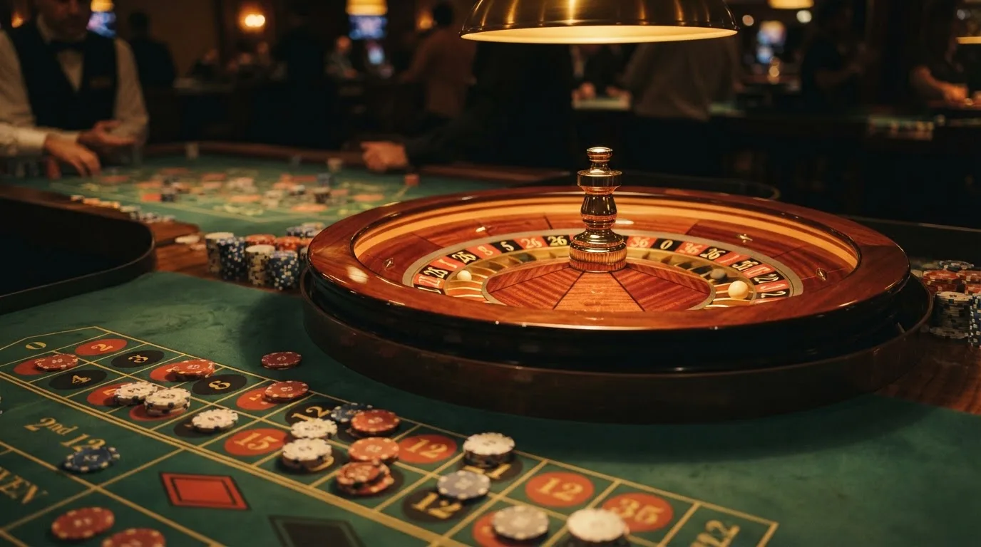 Roulettehjul och spelmarker på grön filt i varmt kvällsljus — svenska casinon med bitcoin