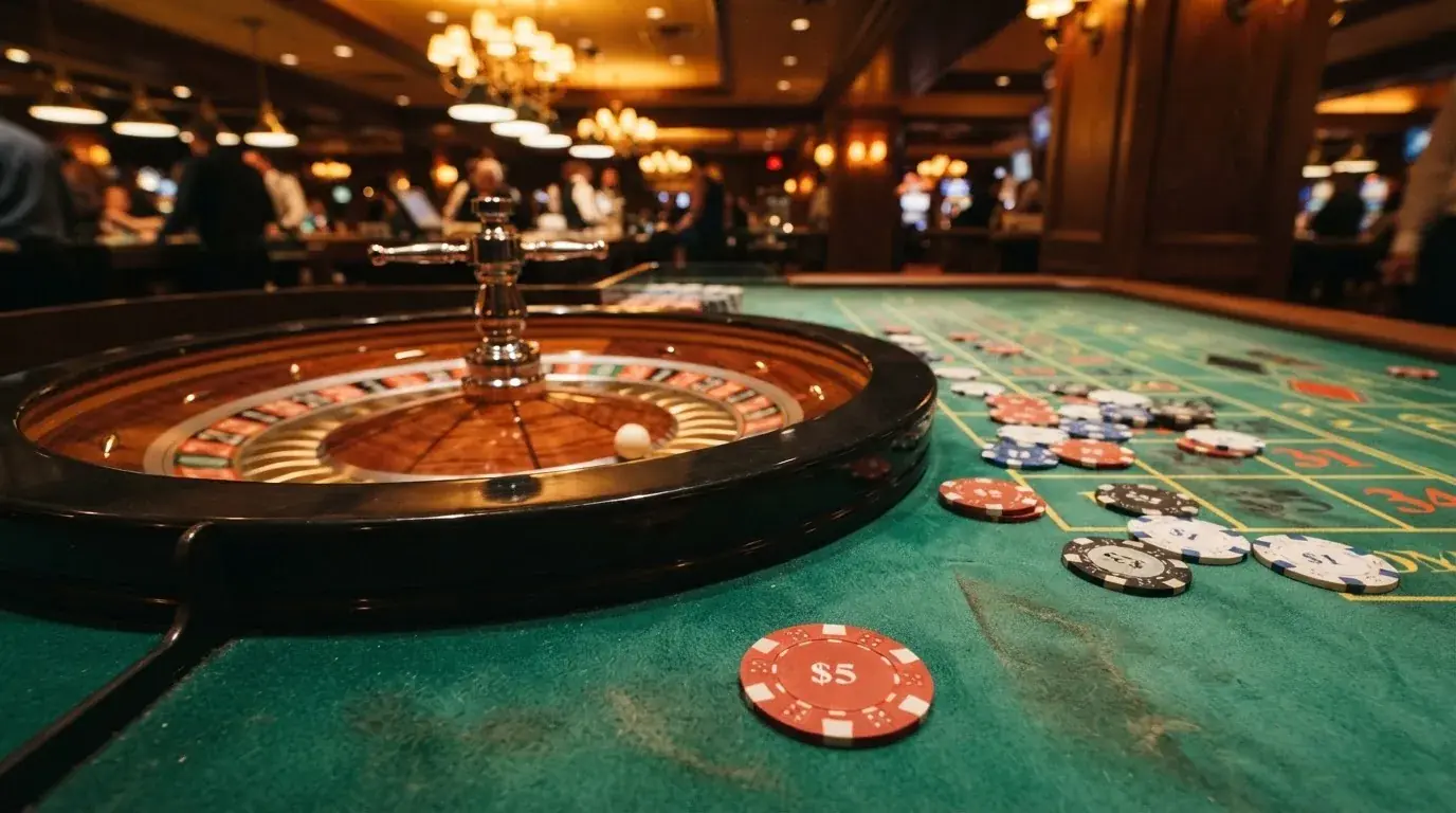 Roulettehjul och spelmarker på grön filt i varmt kvällsljus — svenska casinon med dogecoin