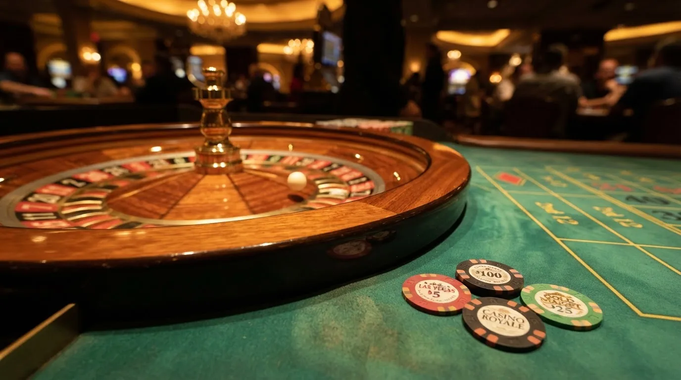 Roulettehjul och spelmarker på grön filt i varmt kvällsljus — svenska casinon på android